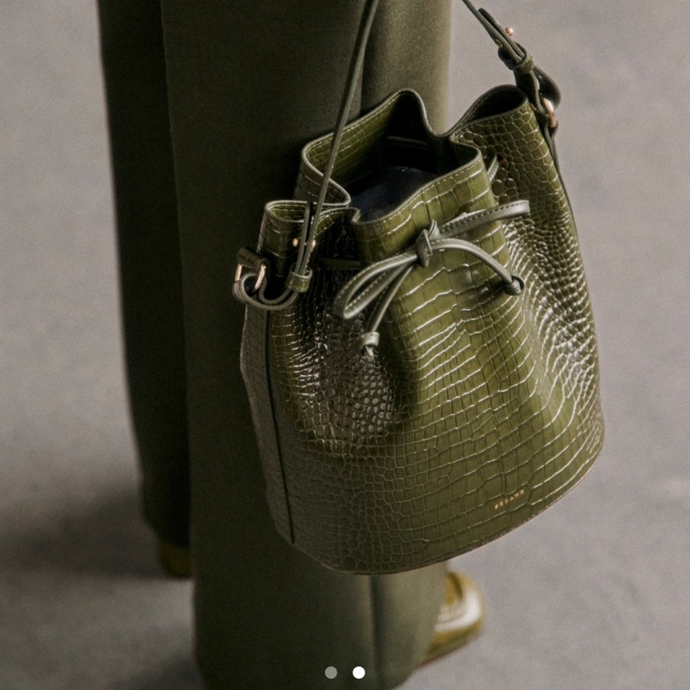 Sezane Farrow Olive Green Croc-Embossed Shoulder Bag